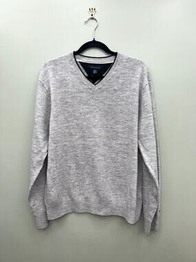 Tommy Hilfiger 100% Merino Wool Sweater XL Gray V Neck Quiet Luxury